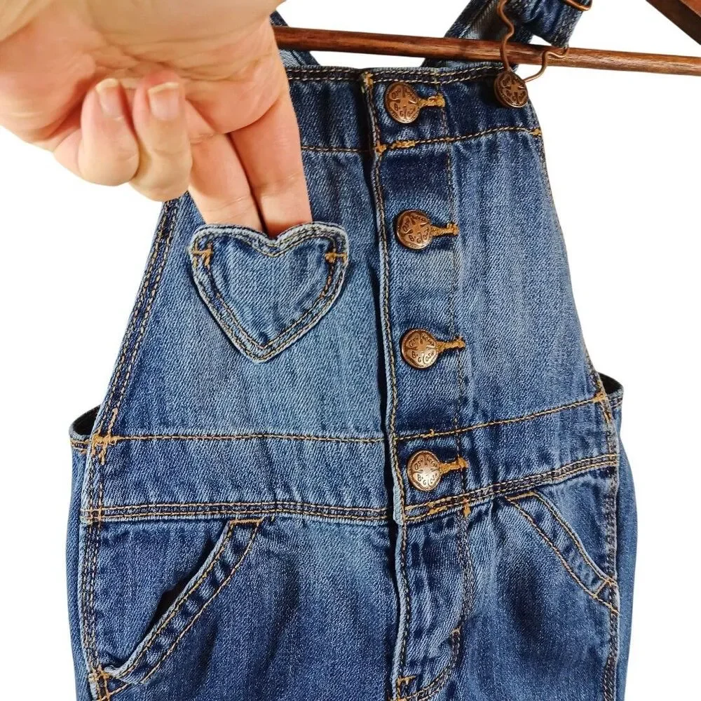 OshKosh B’gosh 2T Girls Denim Jean Bibs Overalls  Heart Pocket Button Cotton